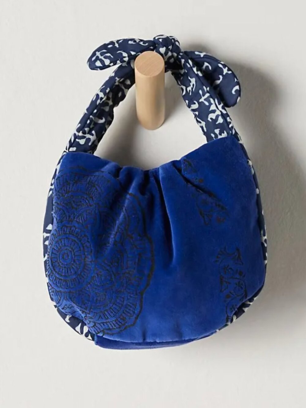 Free People Attia Velvet Bag Blue Embroidered Knot Handle NWT Boho Mini Hobo - Picture 14 of 15